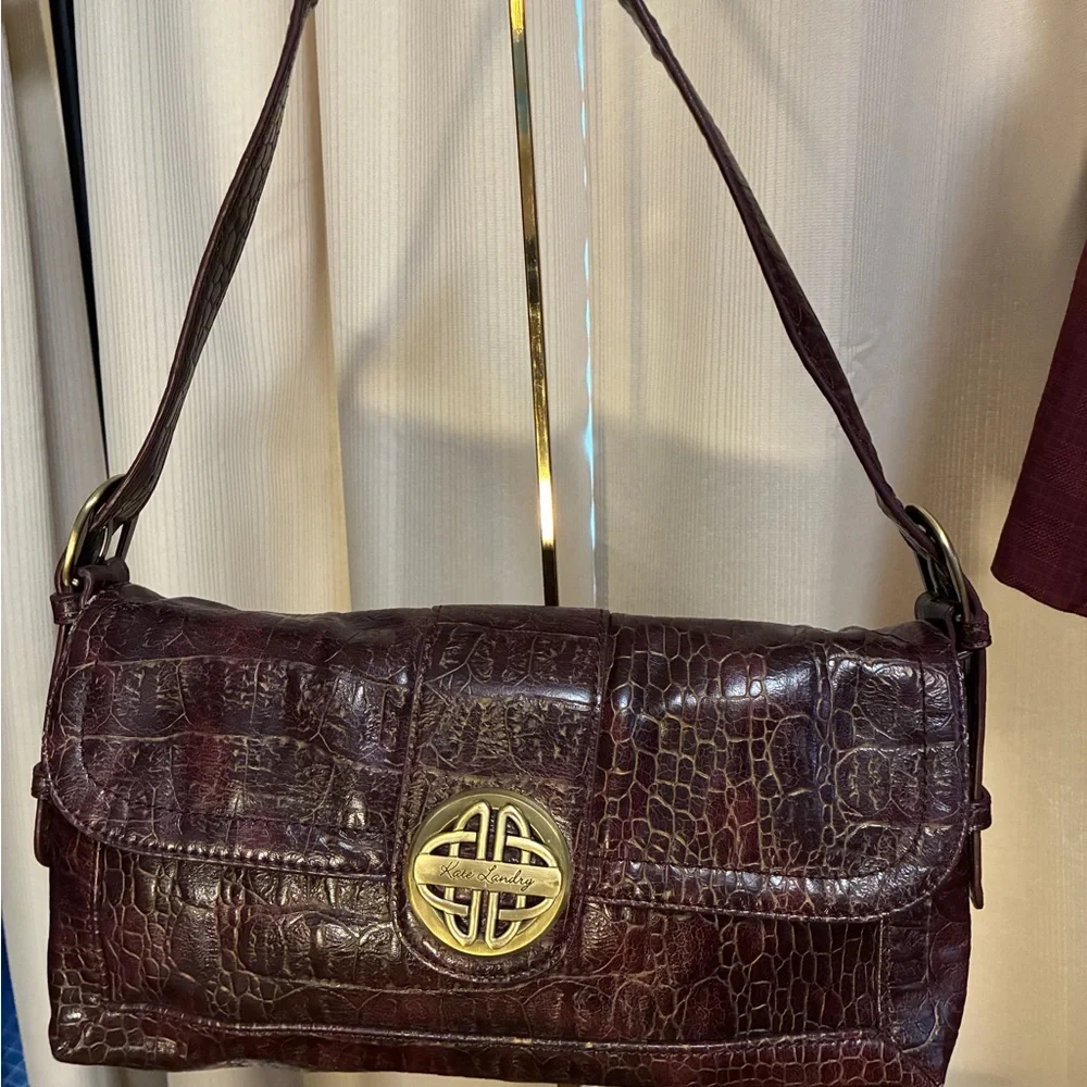 Kate Landry Leather Croc-Embossed Shoulder Bag Burgundy Brass Teal interior - Picture 1 of 17